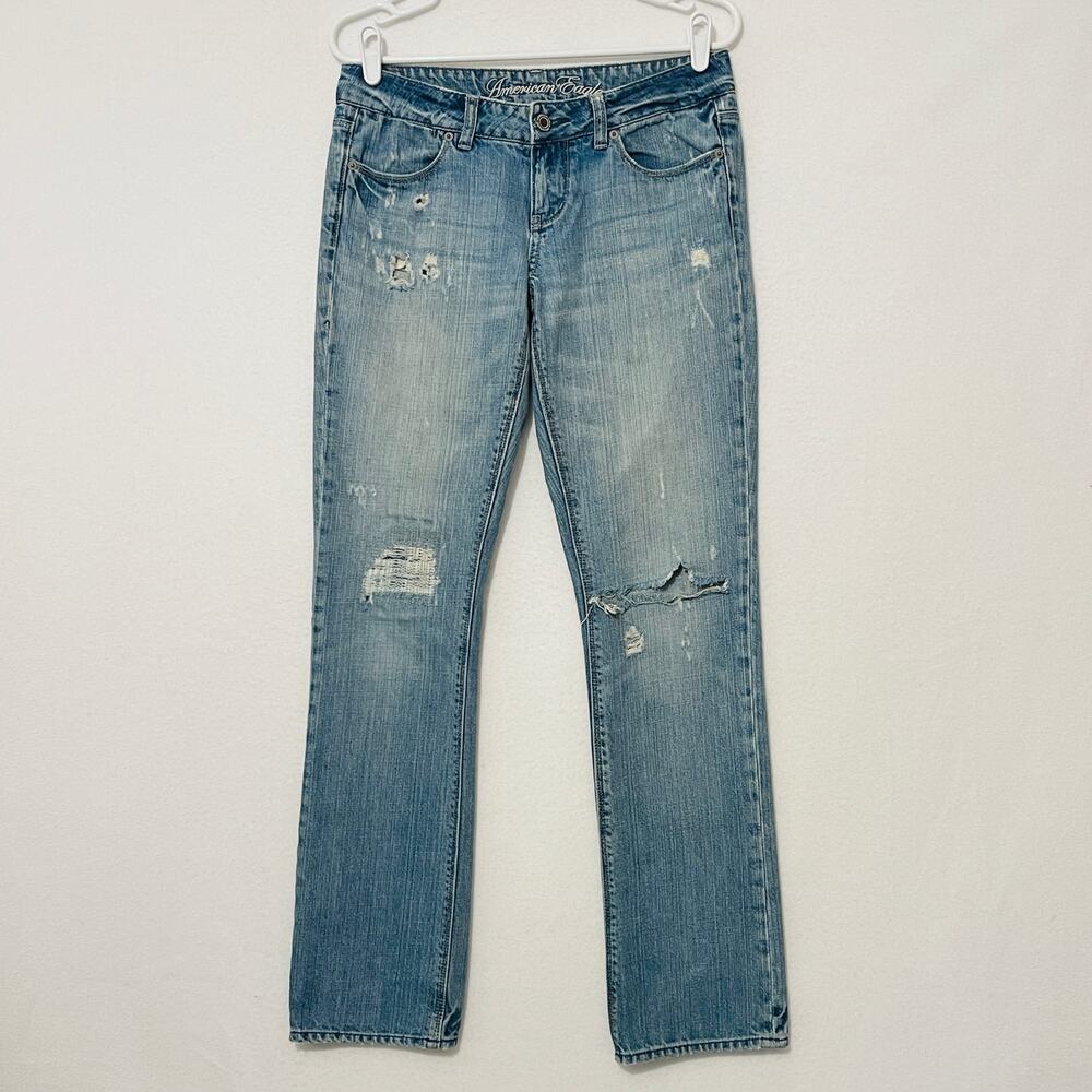 American Eagle Y2K Low Rise Jeans Women's 6 Straight Leg Holes Distressed Grunge